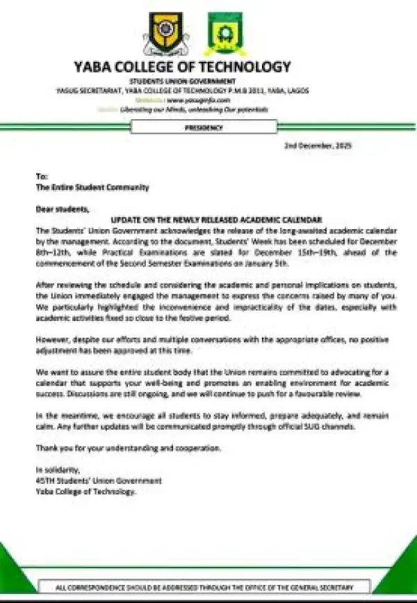 YABATECH SUG issues update on newly released academic calendar