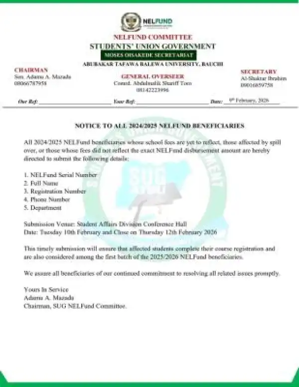 ATBU SUG notice to 2024/2025 NELFUND Beneficiaries