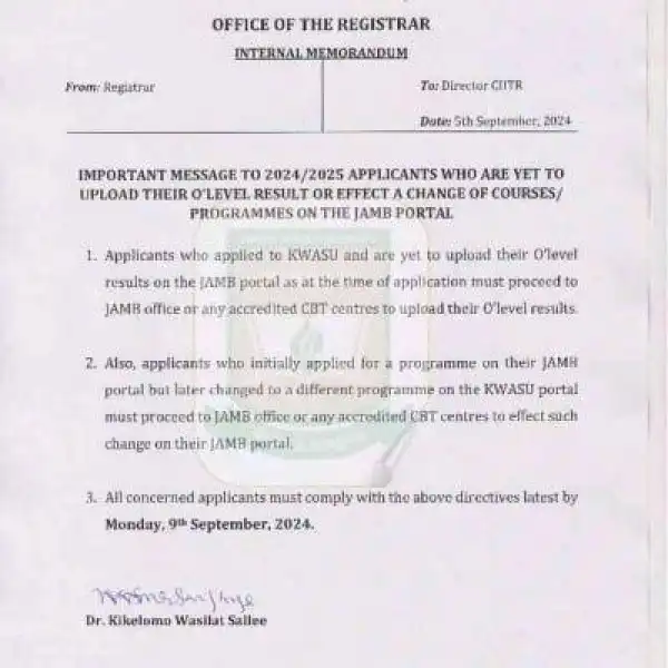 KWASU issues important notice to prospective candidates