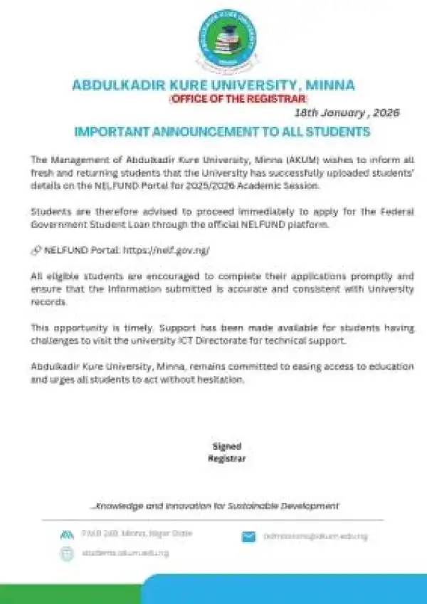 AKUM issues important notice to students on NELFUND application