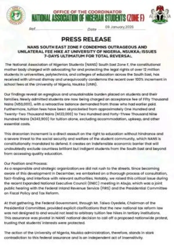 NANS issues 7-Day ultimatum to UNN over 100% fee hike