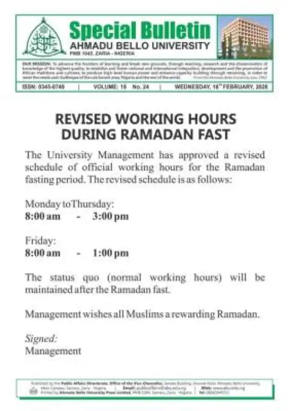 ABU approves revised working hours for Ramadan Fast