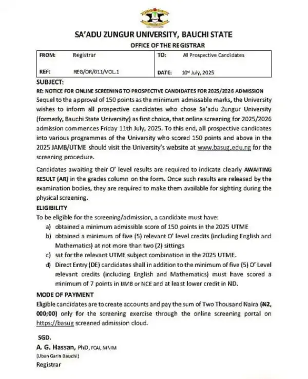 BASUG Post-UTME/DE 2025: Cut-off mark, Eligibility and Registration Details