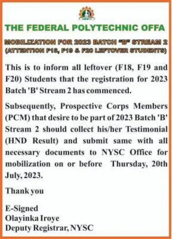 Fed Poly, Offa mobilization for 2023 Batch "B" Stream 2