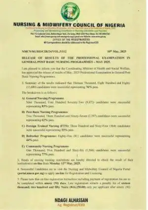 NMCN announces Professional Exam Results in General/Post-Basic Nursing - May, 2025