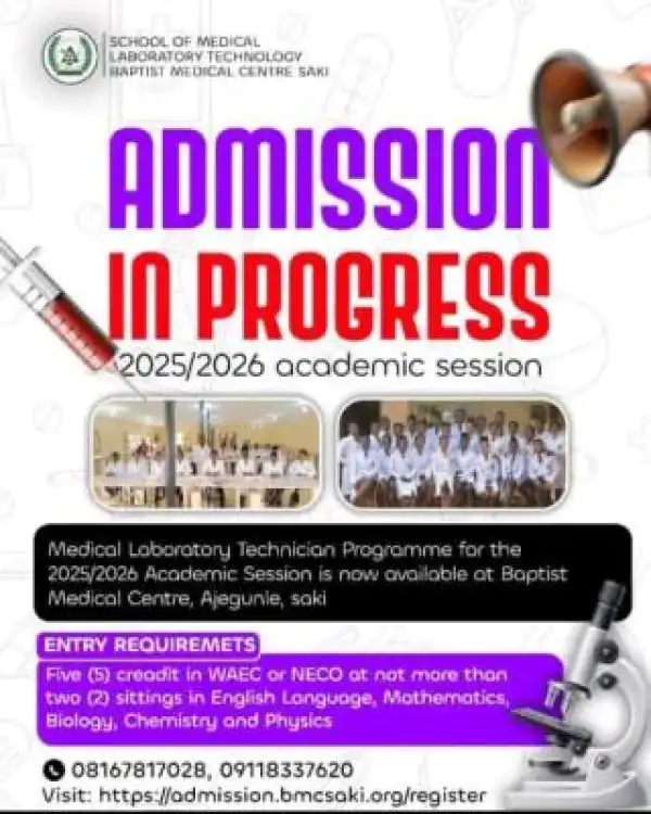 School of Medical Laboratory Technology, Baptist Medical Centre, Saki admissions, 2025/2026