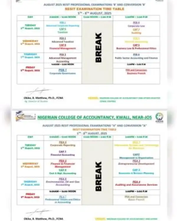 Nigerian College of Accountancy releases 2025 August resit exam timetable