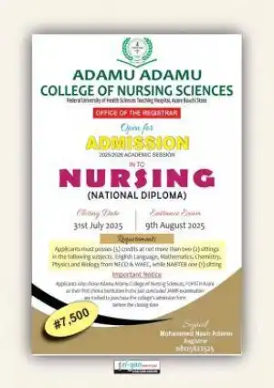 Adamu Adamu College of Nursing ND Admission form, 2025/2026