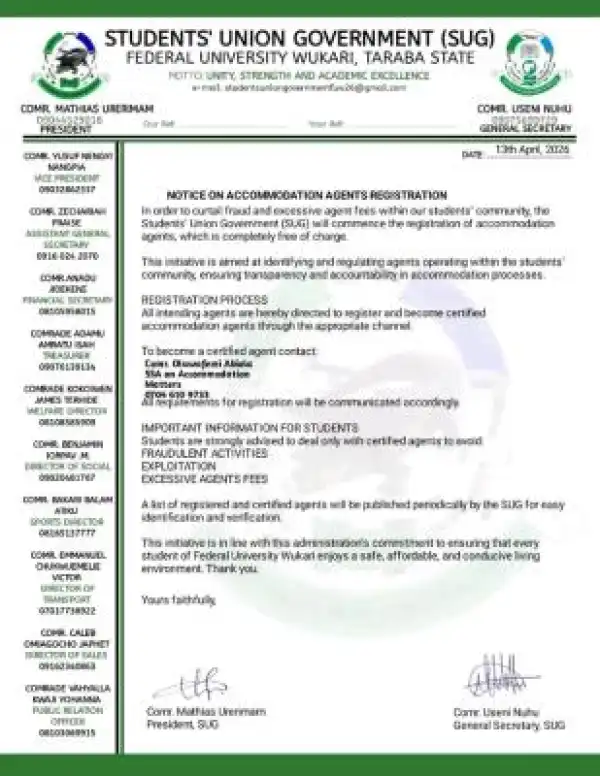 FUWUKARI SUG announces mandatory registration for accommodation agents