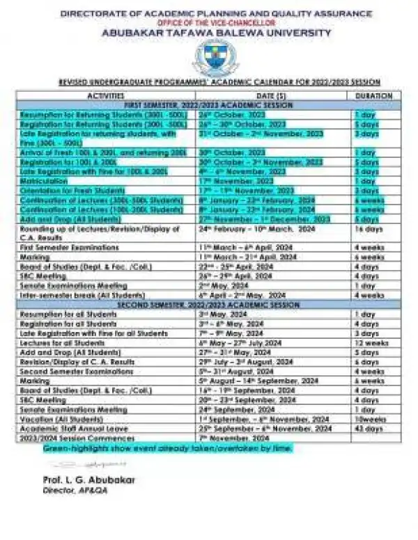 ATBU revised Undergraduate academic calendar, 2022/2023