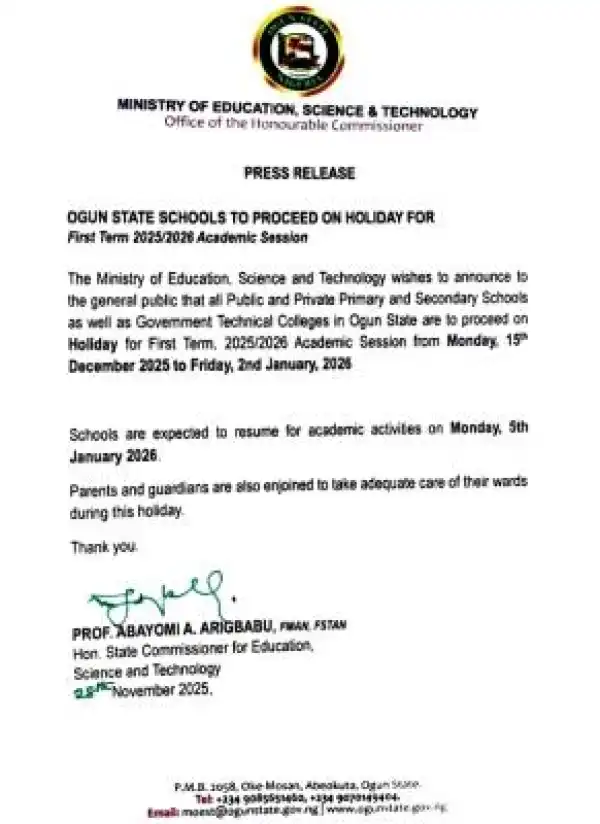 Ogun State announces Holiday break for First Term, 2025/2026 session