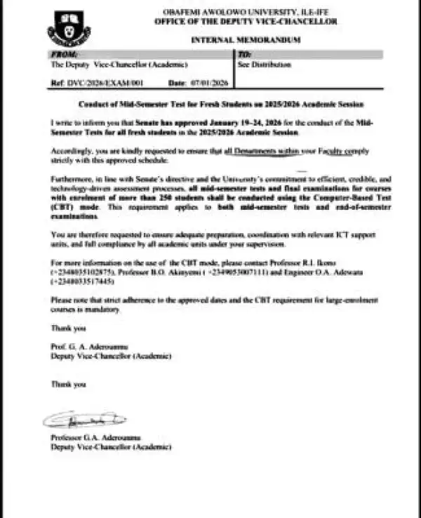 OAU notice on conduct of mid-semester test for fresh students, 2025/2026