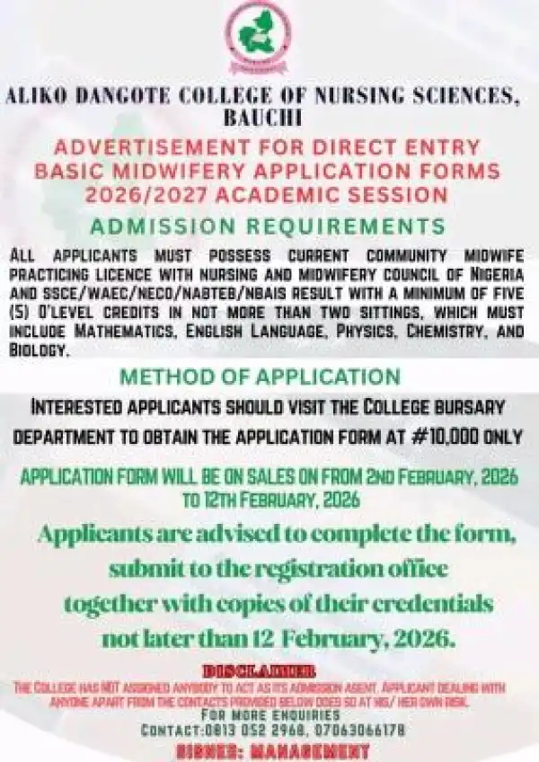 Aliko Dangote College of Nursing Science Direct entry admission into Basic Midwifery, 2026/2027