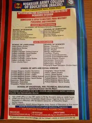 Nigerian Army College of Education Admission Form, 2024/2025