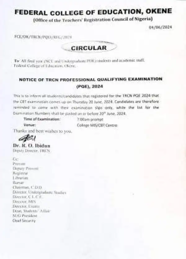 FCE Okene notice of TRCN Professional Qualifying examination (PQE), 2024