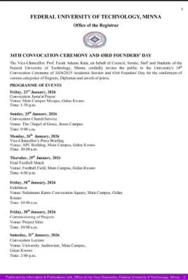 FUTMINNA announces 34th Convocation ceremony and 43rd founders