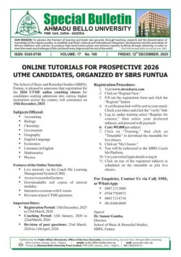 ABU SBRS Funtua online tutorials for prospective 2026 UTME Candidates