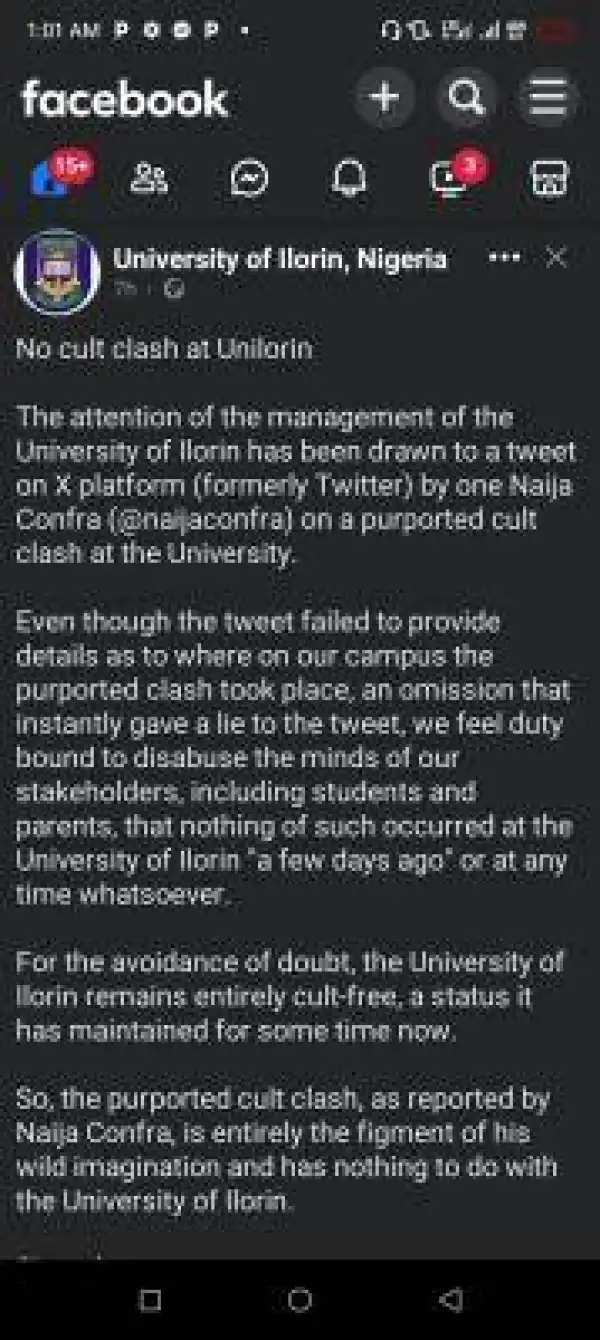 UNILORIN debunks reports on cult clash on campus