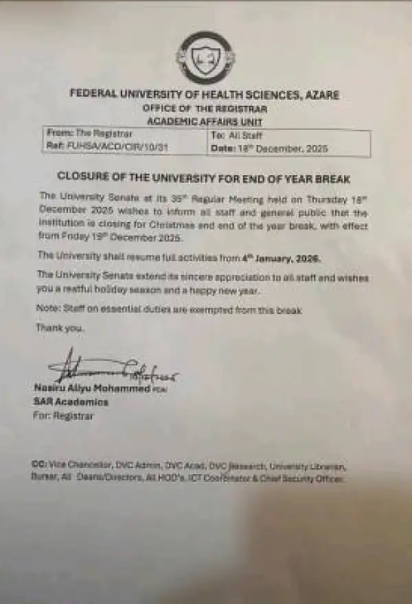 Federal University of Health Sciences, Azare announces end-of-year break