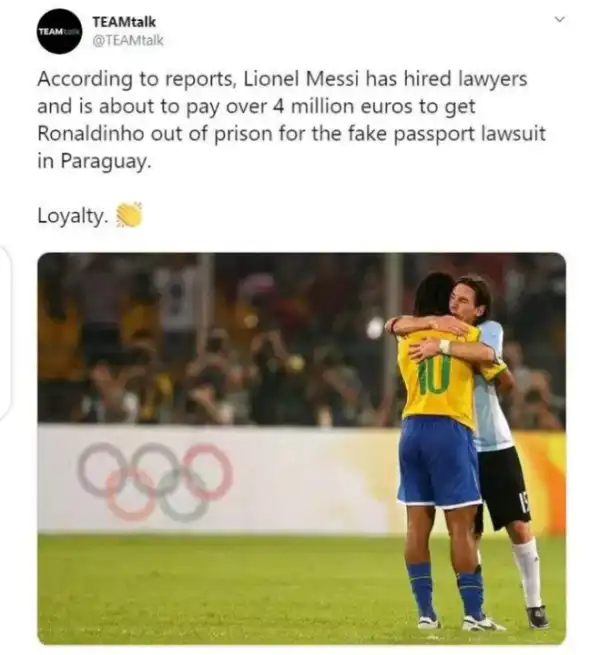 Messi Hiring Lawyers And Ready To Pay €4million To Get Ronaldinho Out Of Prison