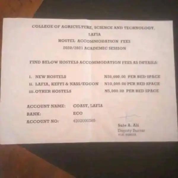 College of Agriculture, Lafia Hostel Accommodation fee schedule for 2022/2023 session