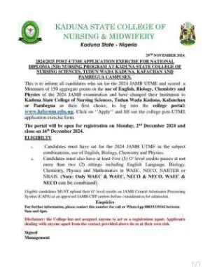 Kaduna College of Nursing & Midwifery releases ND Nursing form, 2024/2025