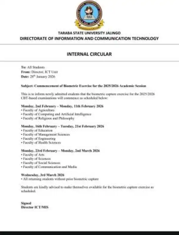 TASU notice to students on commencement of Biometric Exercise for the 2025/2026 CBT-based exams