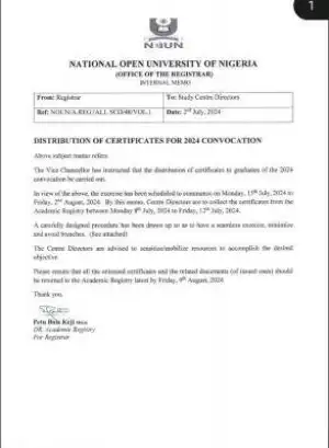 NOUN notice on distribution of certificates for 2024 convocation
