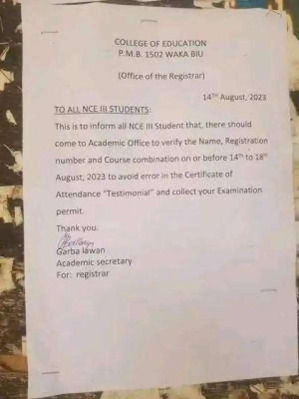 College of Education, Waka-biu notice to all NCE III students