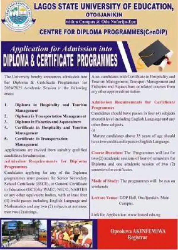 LASUED admission into diploma and certificate programmes, 2024/2025
