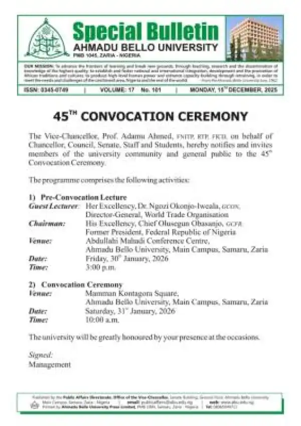 ABU announces 45th convocation ceremony