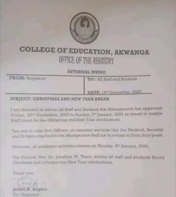 College of Education, Akwanga notice of Christmas & new year break