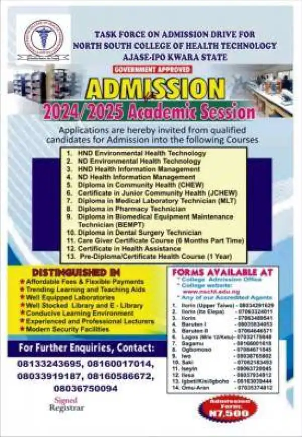 North-South College of Health Technology releases admission form, 2024/2025