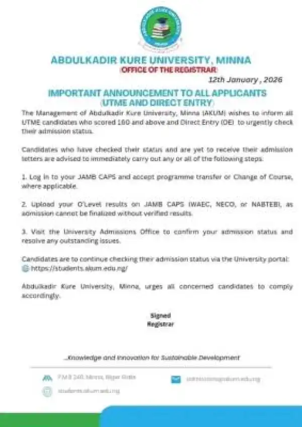 AKUM directs UTME, Direct Entry Applicants to Check Admission Status on JAMB CAPS