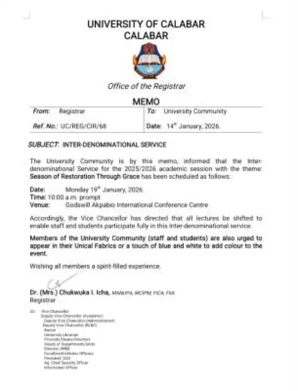 UNICAL announces Inter-Denominational Service, reschedules lectures