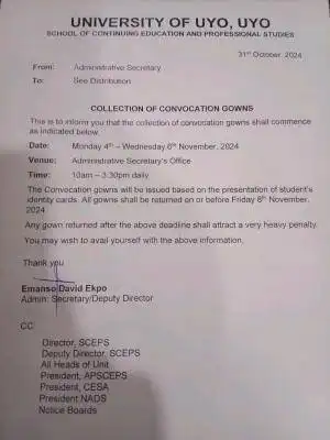 UNIUYO notice to graduands on collection of convocation gowns