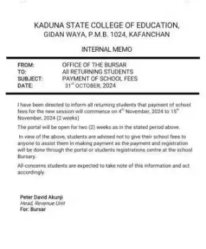 Kaduna COE notice to all returning students on payment of school fees