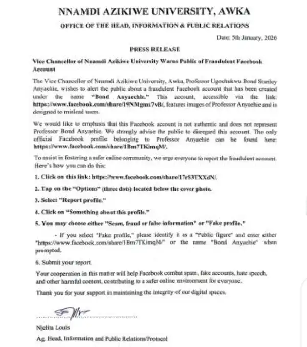 UNIZIK Vice-Chancellor alerts the public to a fake Facebook profile