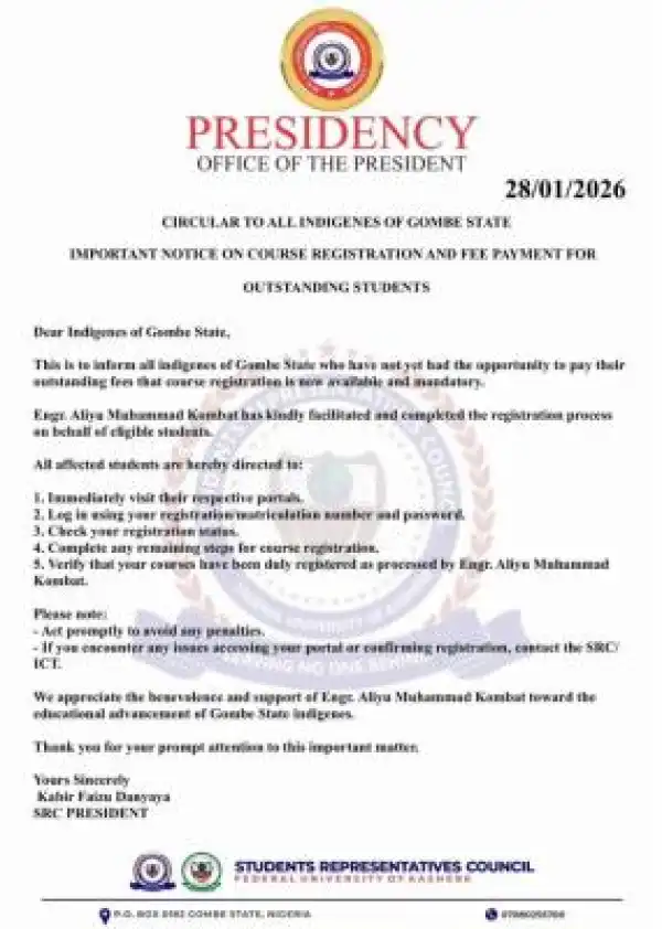 FUKASHERE SRC notice to students of Gombe State origin yet to register their courses