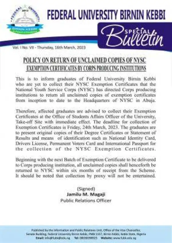 FUBK policy on return of unclaimed copies of NYSC exemption certificates