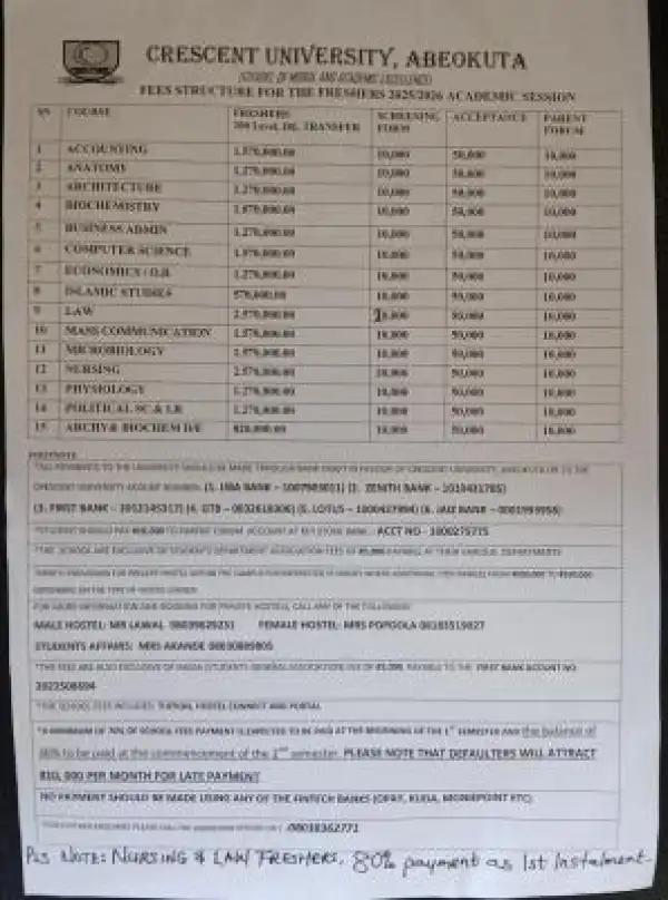 Crescent University releases school fees schedule for fresh students, 2025/2026