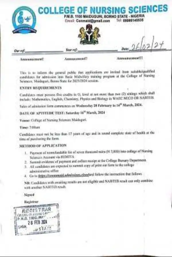 College of Nursing Sciences, Maiduguri releases Basic Midwifery admission form, 2023/2024