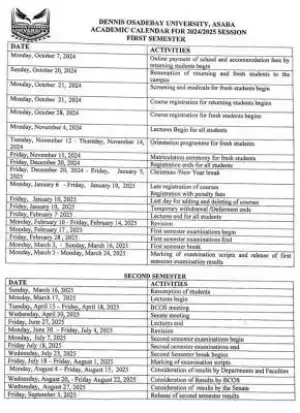 Dennis Osadebay University academic calendar, 2024/2025 session