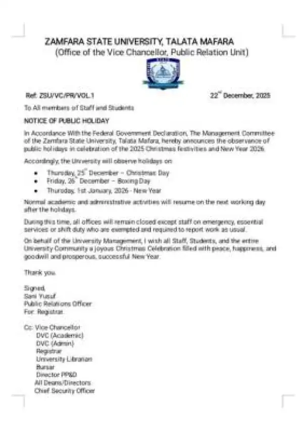 Zamfara State University announces Christmas and New Year Public Holidays