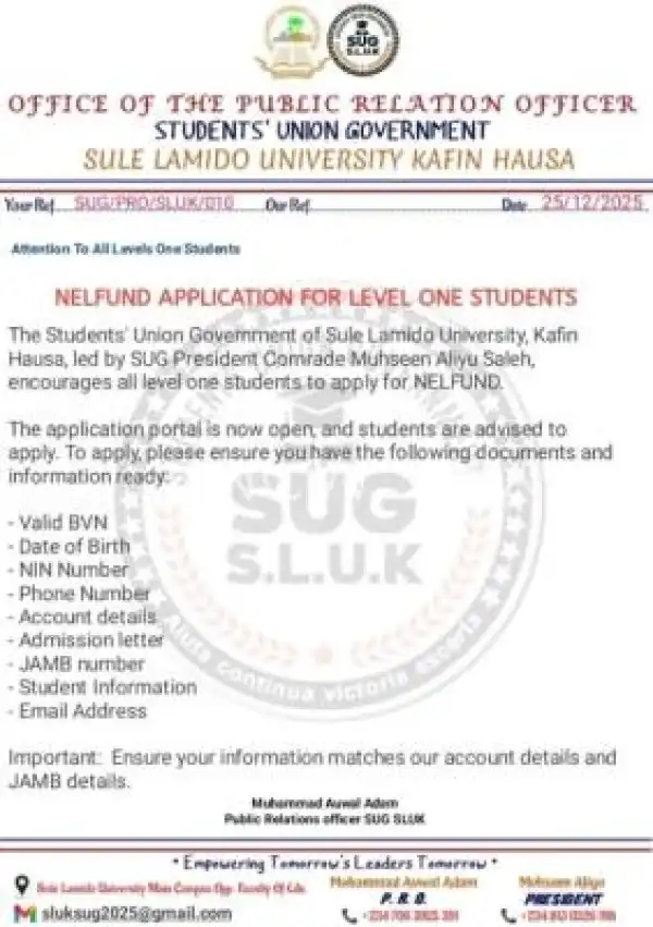 Sule Lamido University announces NELFUND Application for Level One Students