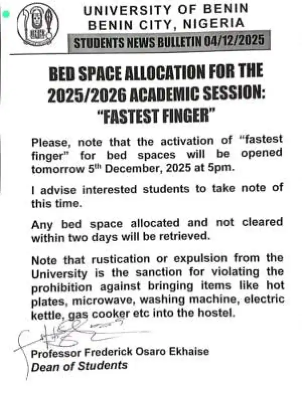 UNIBEN update on bed space allocation for 2025/2026 session