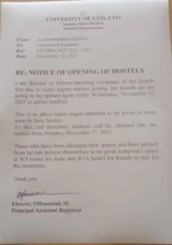 UNIUYO postpones hostel opening, 2025/2026