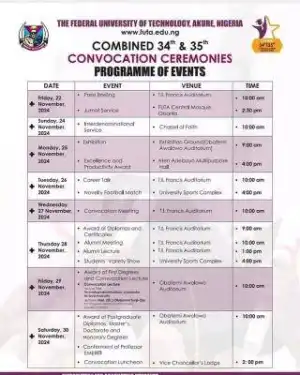 FUTA announces 34th & 35th Combined Convocation Ceremonies