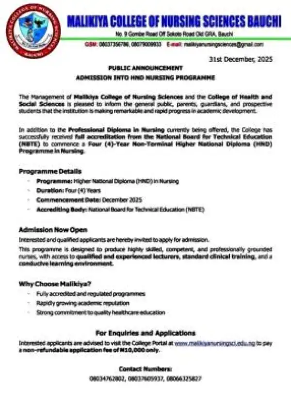 Malikiya College of Nursing Sciences Secures NBTE Accreditation, Opens Admission for HND Nursing Programme