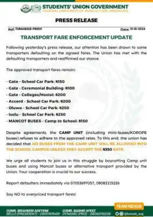 FUNAAB SUG notice on transport fare enforcement